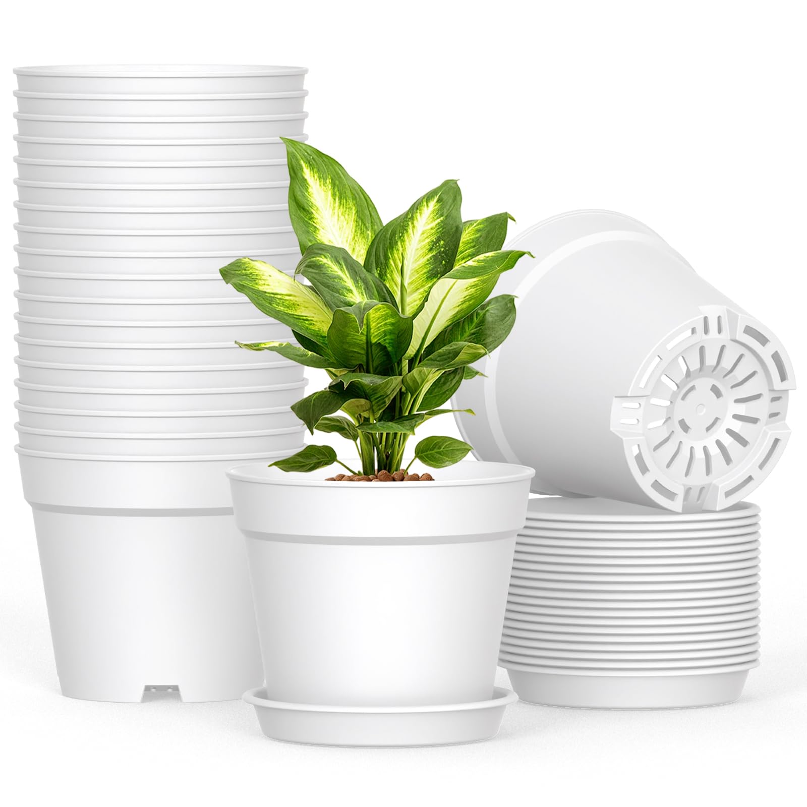 10 Pack 6 Inch Plant Pots with Drainage and Saucers, Plastic Flower Pots for Indoor and Outdoor Plants, Stackable Nursery Planters for Houseplants and Herbs, Terracotta