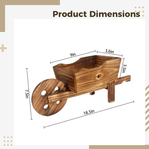 18.5 In Wheelbarrow Planter, Rustic Brown, Handmade Wooden Cart Flower Pot, Large Succulent Planter