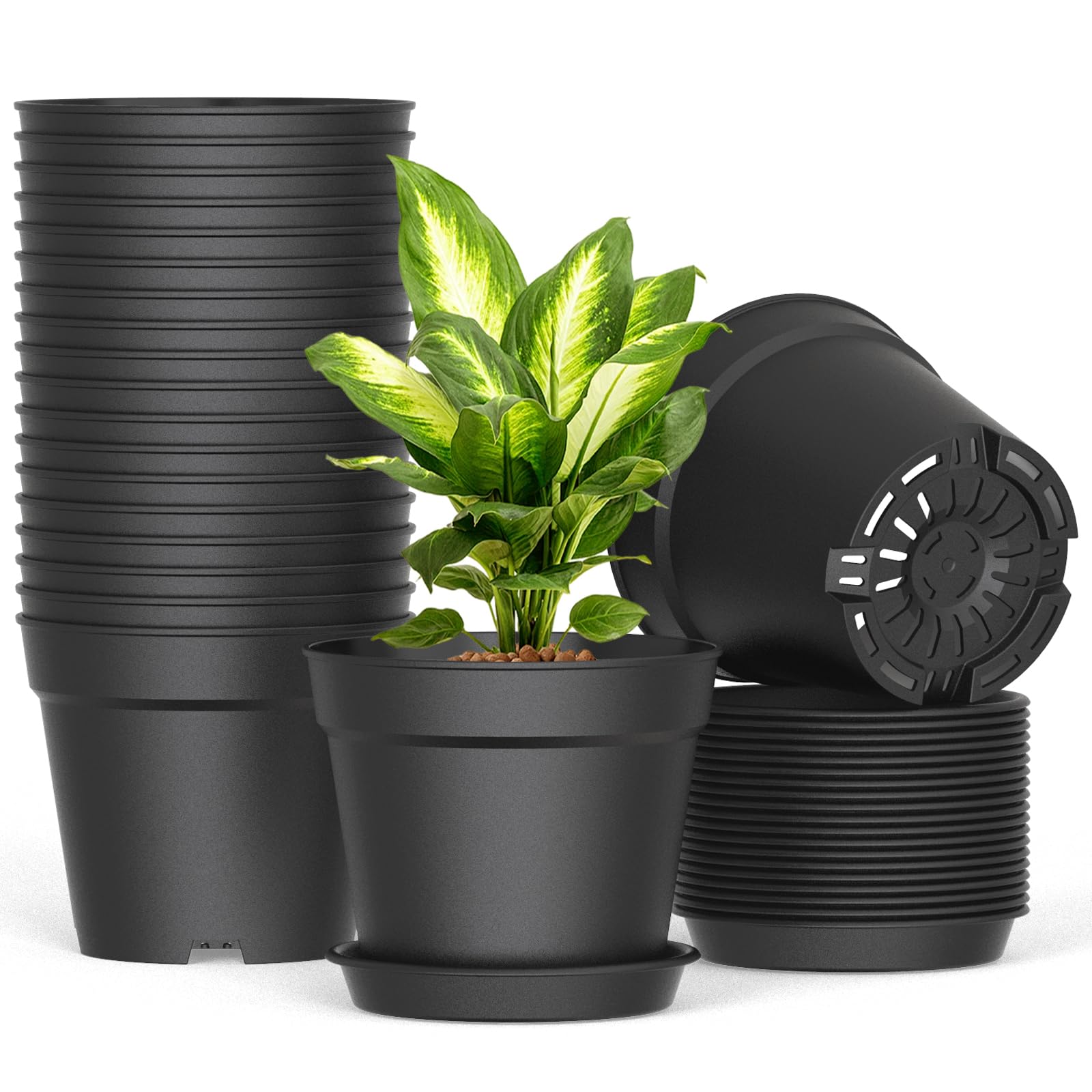 10 Pack 6 Inch Plant Pots with Drainage and Saucers, Plastic Flower Pots for Indoor and Outdoor Plants, Stackable Nursery Planters for Houseplants and Herbs, Terracotta