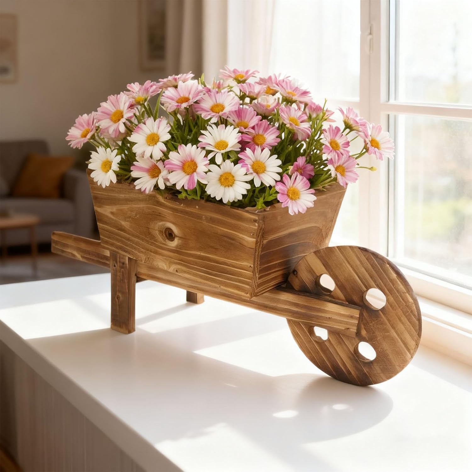 18.5 In Wheelbarrow Planter, Rustic Brown, Handmade Wooden Cart Flower Pot, Large Succulent Planter