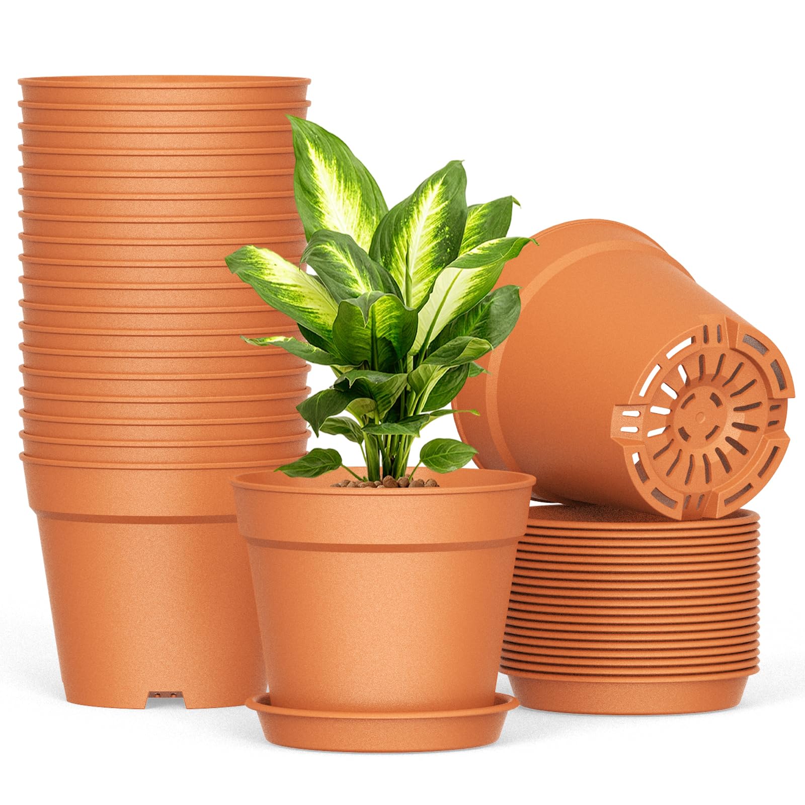 10 Pack 6 Inch Plant Pots with Drainage and Saucers, Plastic Flower Pots for Indoor and Outdoor Plants, Stackable Nursery Planters for Houseplants and Herbs, Terracotta