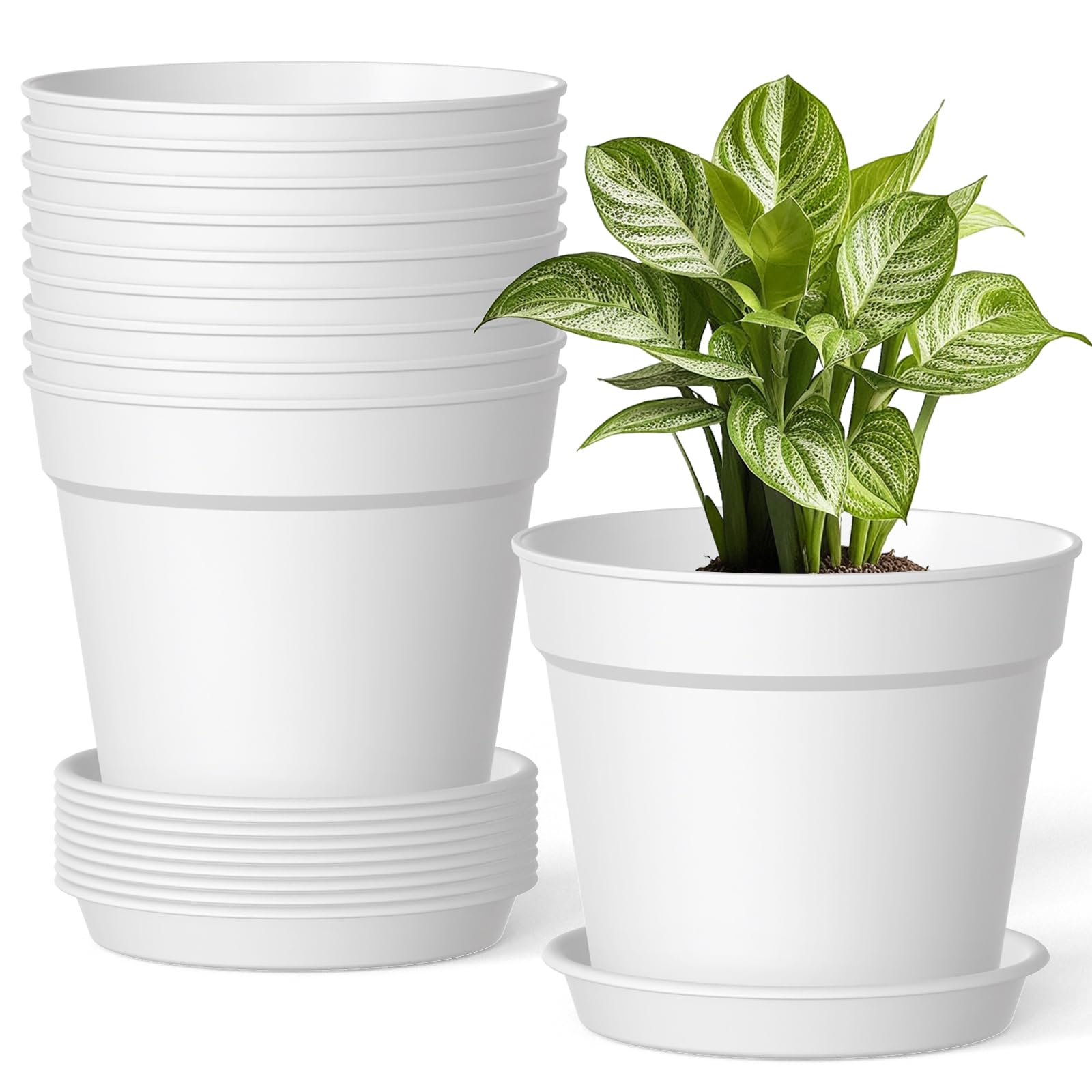 10 Pack 6 Inch Plant Pots with Drainage and Saucers, Plastic Flower Pots for Indoor and Outdoor Plants, Stackable Nursery Planters for Houseplants and Herbs, Terracotta