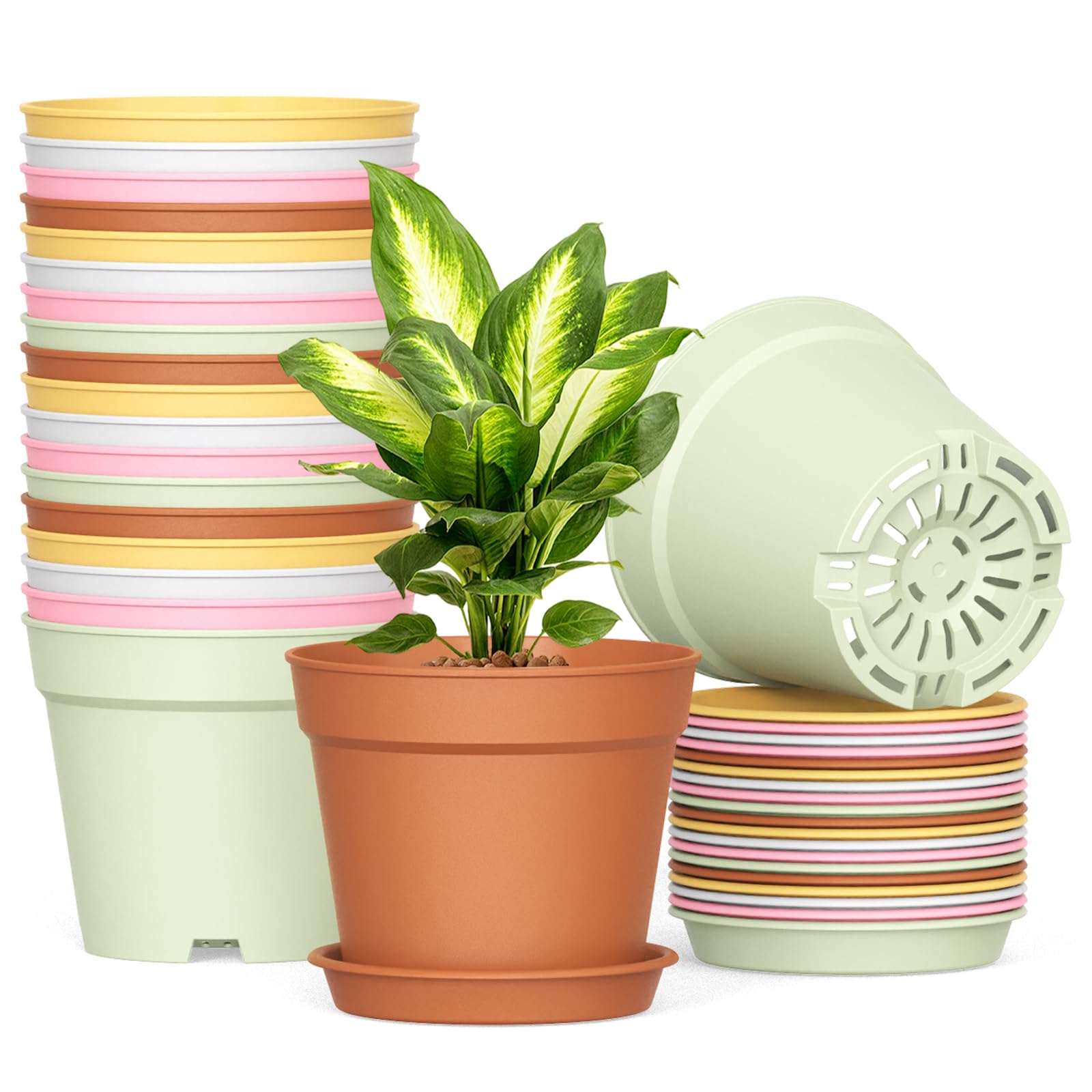 10 Pack 6 Inch Plant Pots with Drainage and Saucers, Plastic Flower Pots for Indoor and Outdoor Plants, Stackable Nursery Planters for Houseplants and Herbs, Terracotta