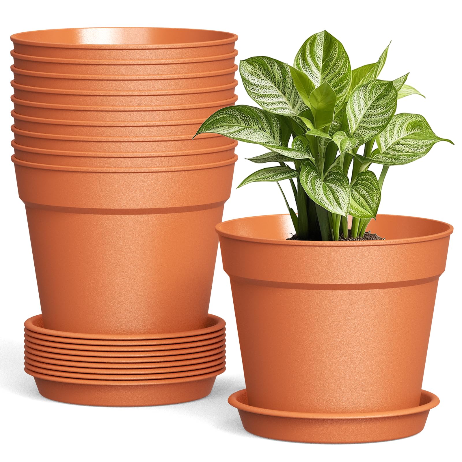 10 Pack 6 Inch Plant Pots with Drainage and Saucers, Plastic Flower Pots for Indoor and Outdoor Plants, Stackable Nursery Planters for Houseplants and Herbs, Terracotta
